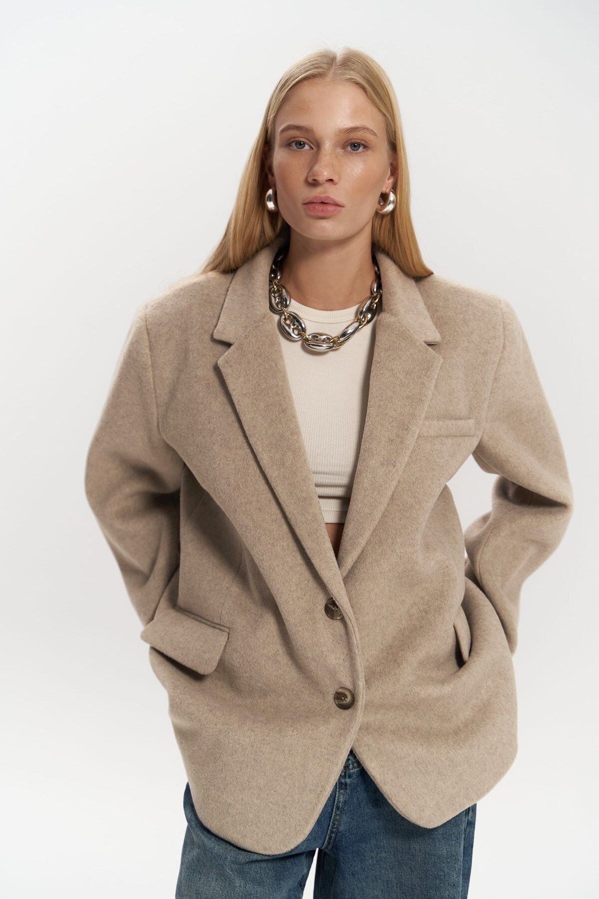 Beige Jacket - Single-Breasted Oversized Blazer