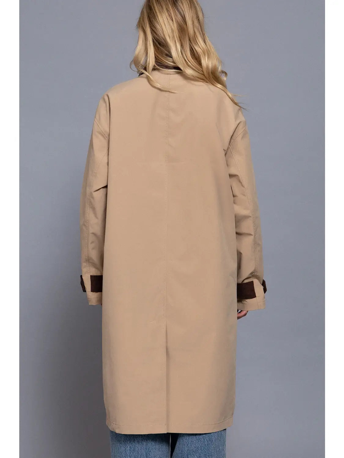 Long Sleeve Contrast Collar Button Down Long Trench Coat