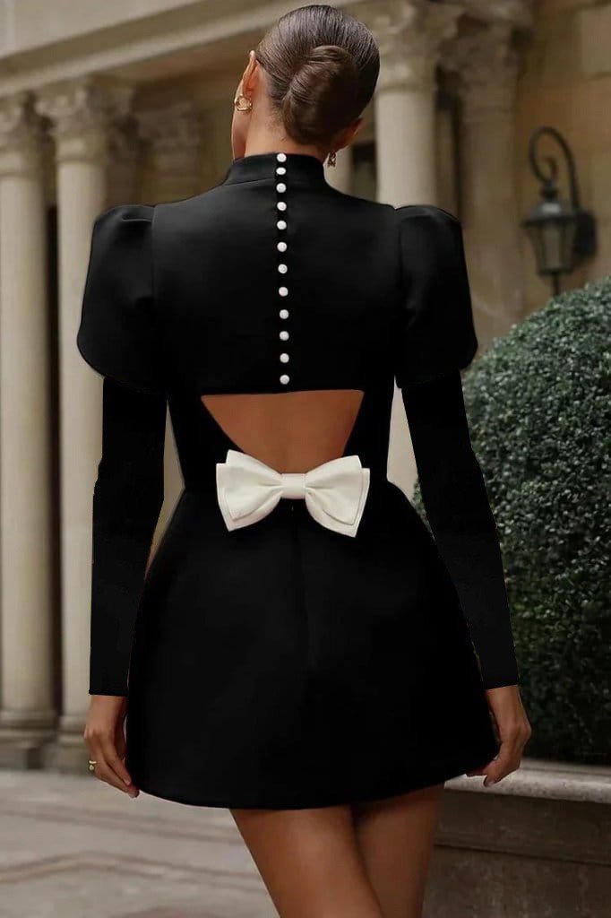 Elegant Black A-Line Mini Dress With Puff Long Sleeves