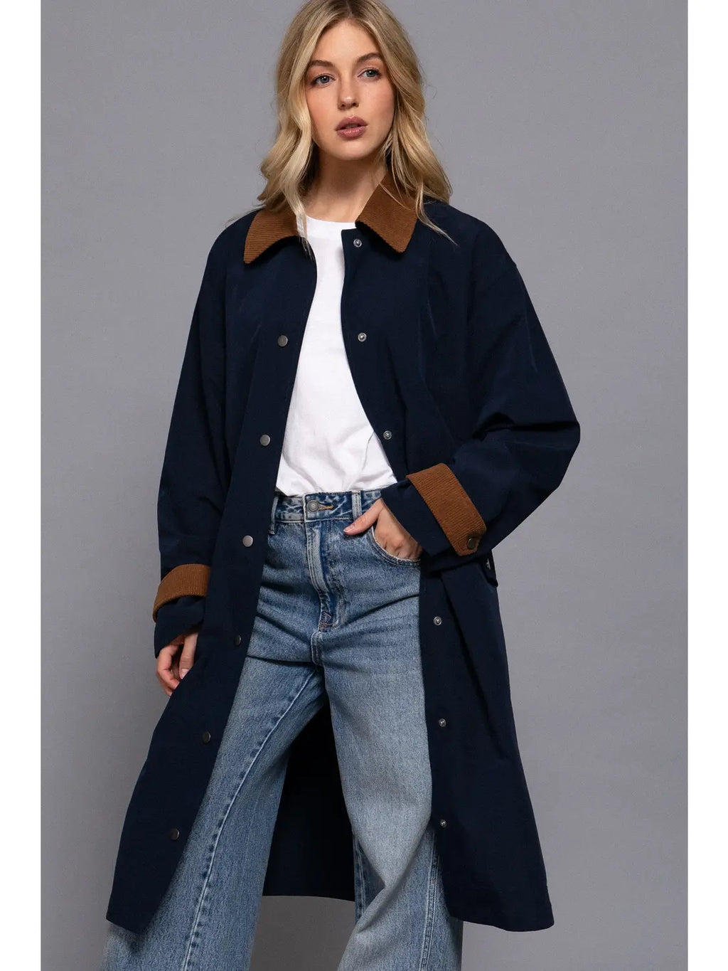 Long Sleeve Contrast Collar Button Down Long Trench Coat