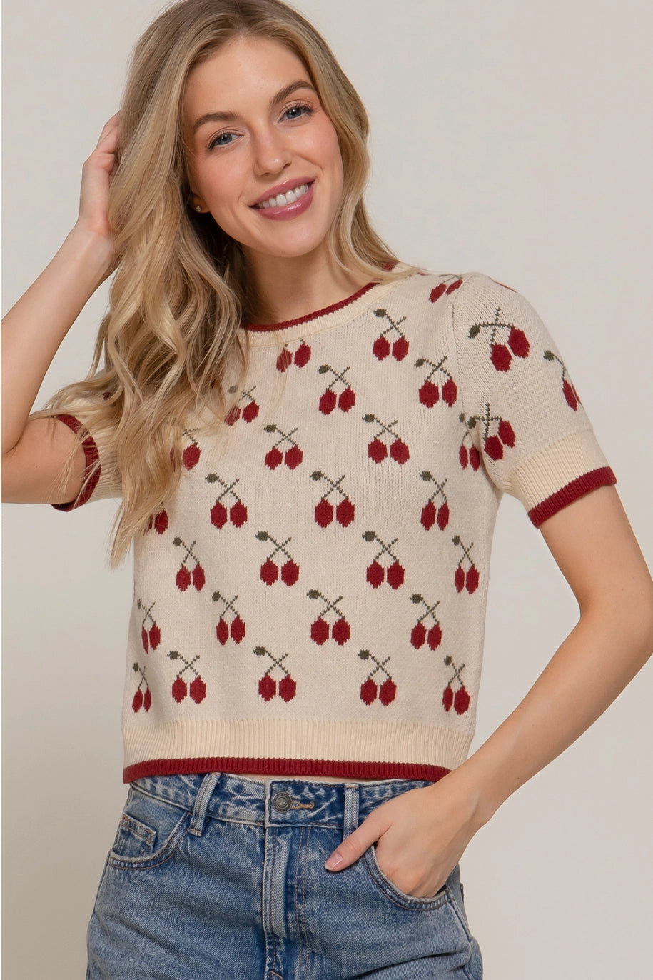 Short Sleeve Cherry Pattern Sweater