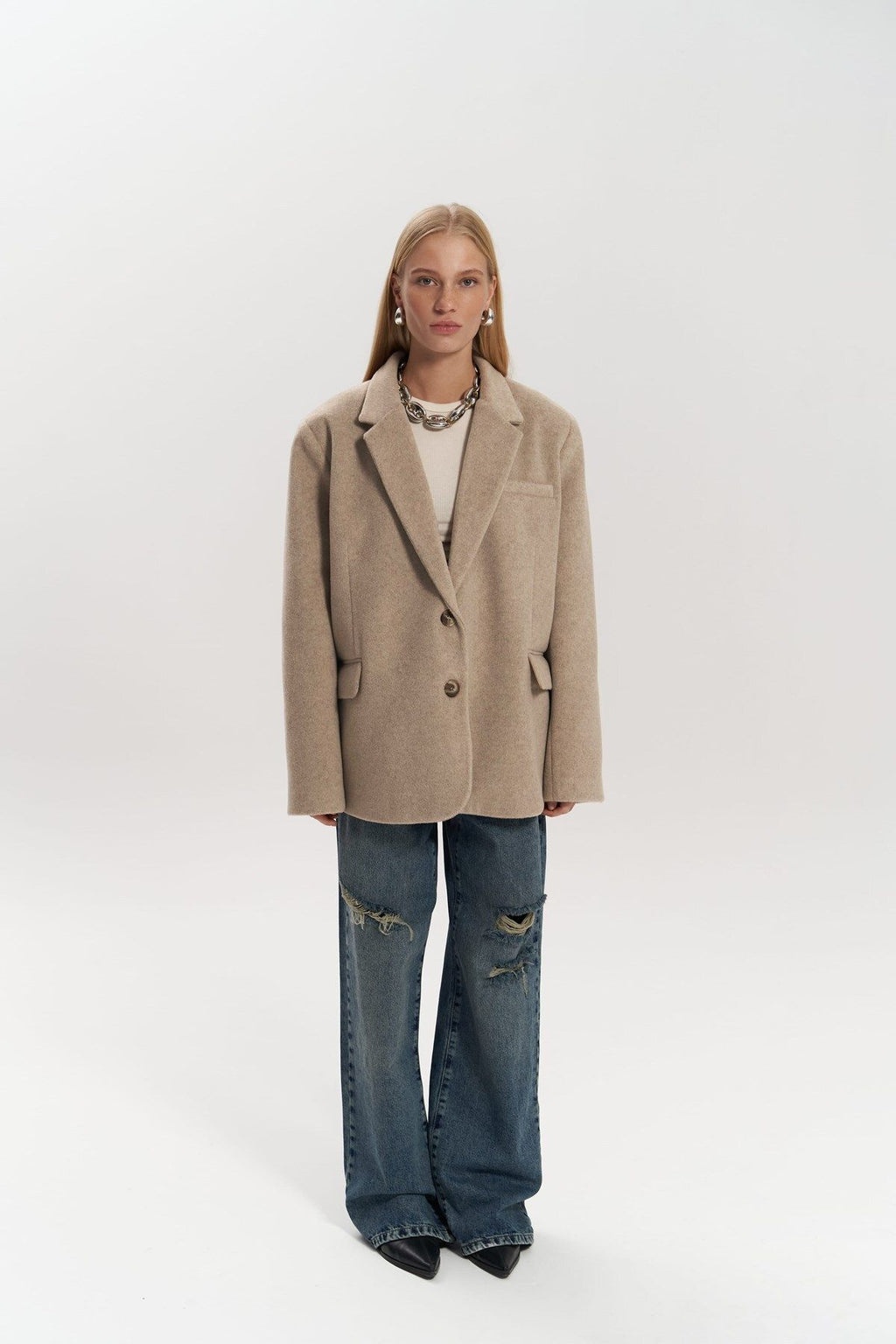 Beige Jacket - Single-Breasted Oversized Blazer