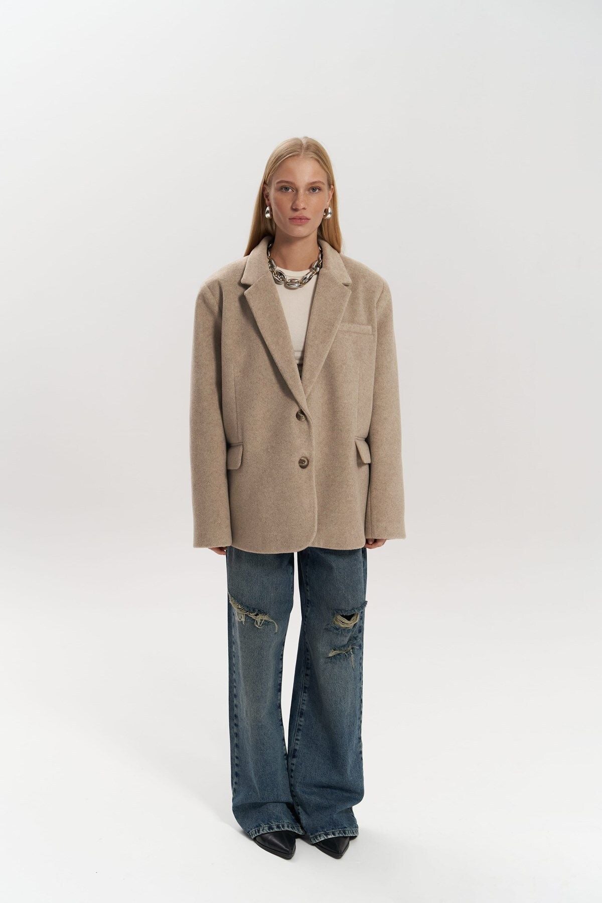 Beige Jacket - Single-Breasted Oversized Blazer