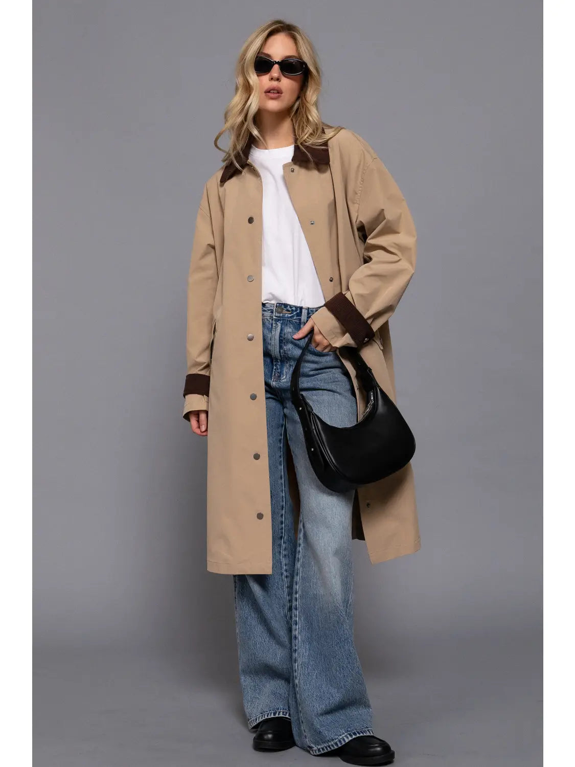 Long Sleeve Contrast Collar Button Down Long Trench Coat