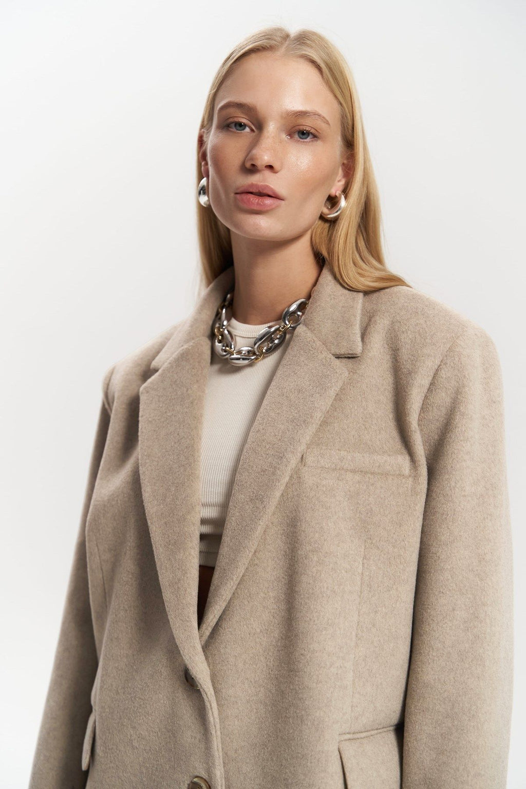 Beige Jacket - Single-Breasted Oversized Blazer