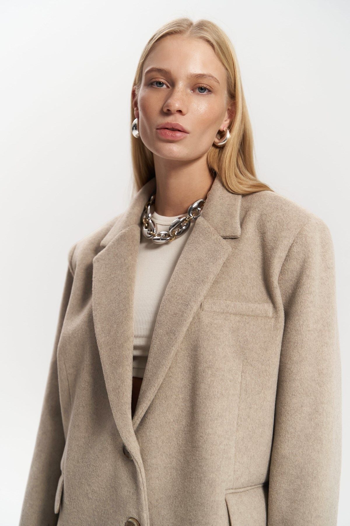 Beige Jacket - Single-Breasted Oversized Blazer