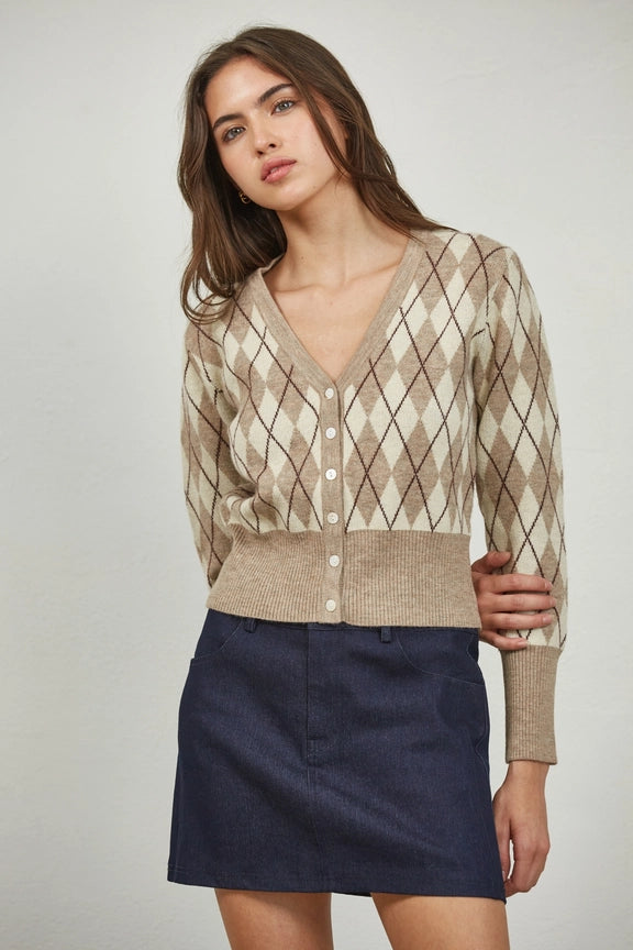 Argyle Pattern Sweater V-Neck Cardigan