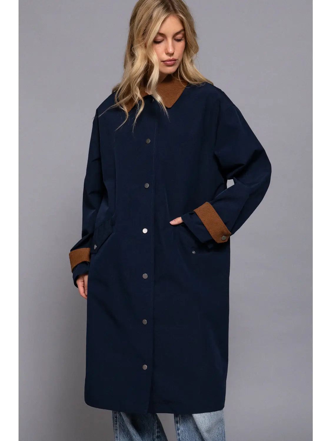 Long Sleeve Contrast Collar Button Down Long Trench Coat