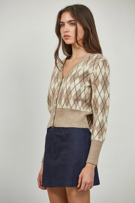 Argyle Pattern Sweater V-Neck Cardigan