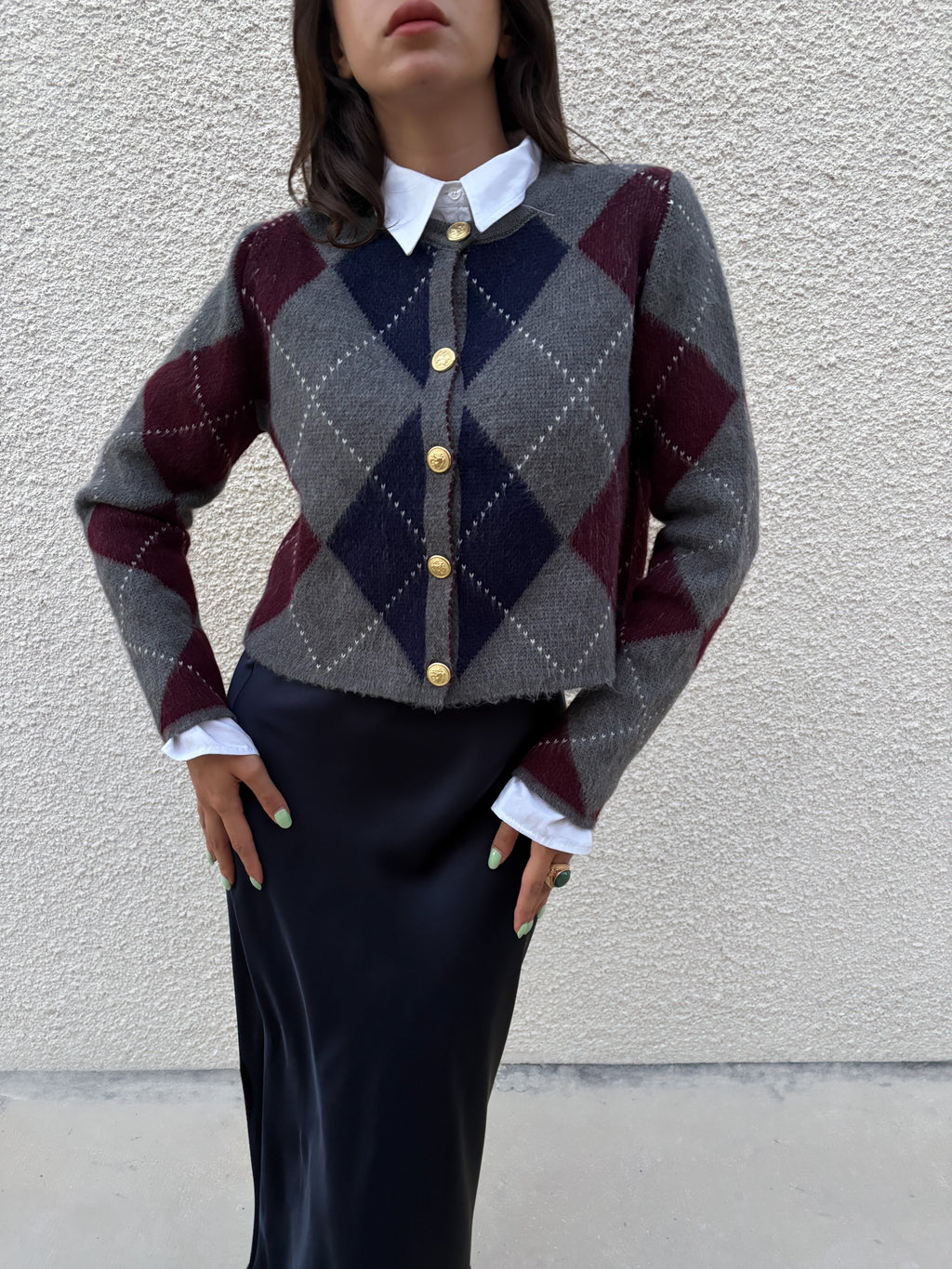 Grey Argyle Preppy Cardigan With Buttoned Closure