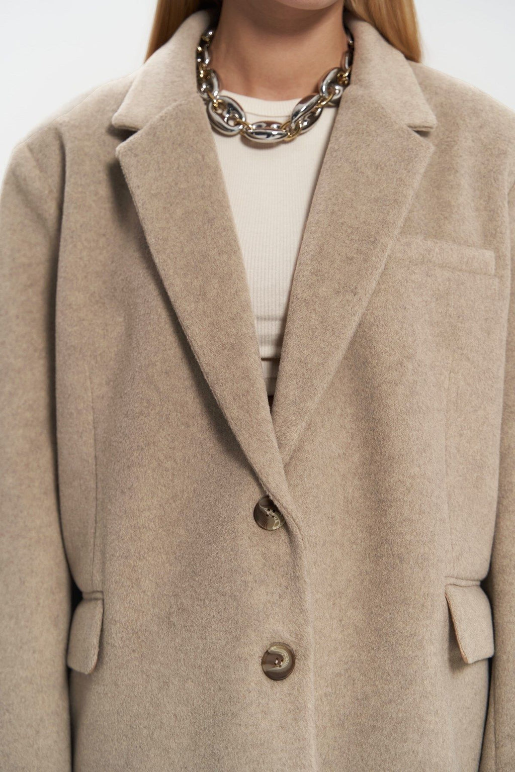 Beige Jacket - Single-Breasted Oversized Blazer