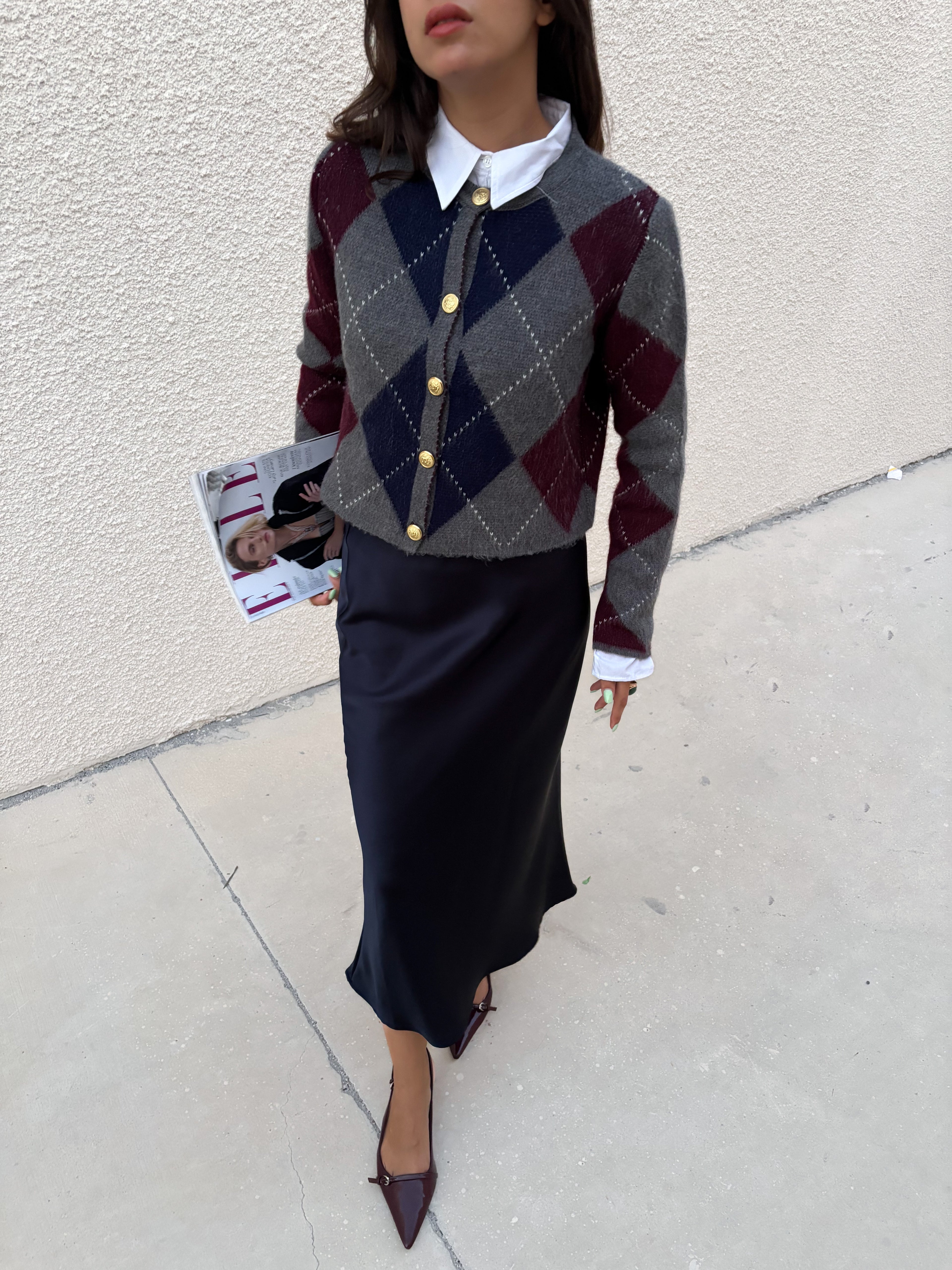 Grey Argyle Preppy Cardigan With Buttoned Closure