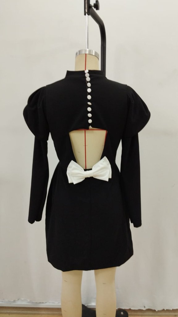 Elegant Black A-Line Mini Dress With Puff Long Sleeves