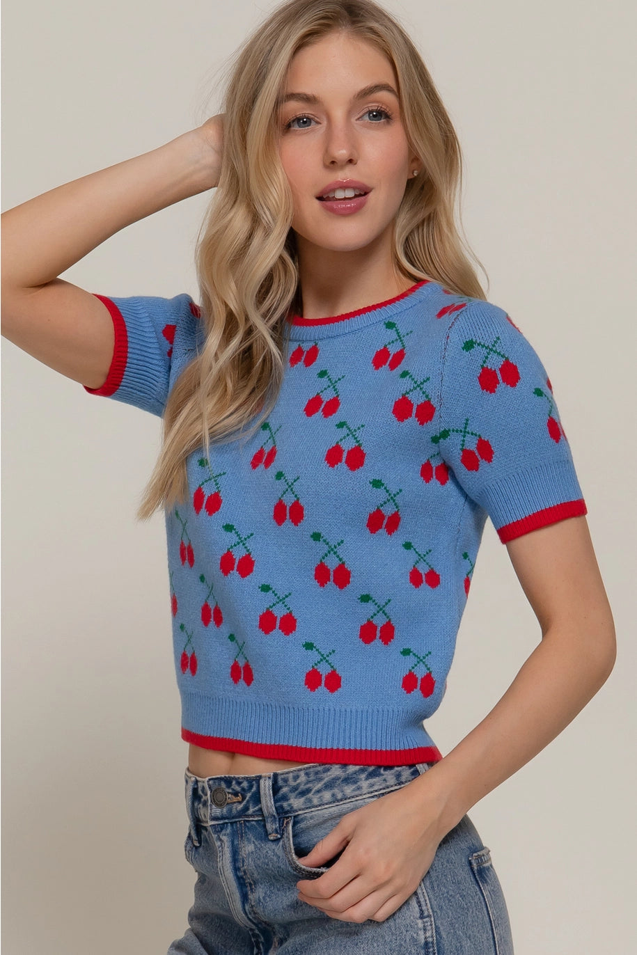Short Sleeve Cherry Pattern Sweater