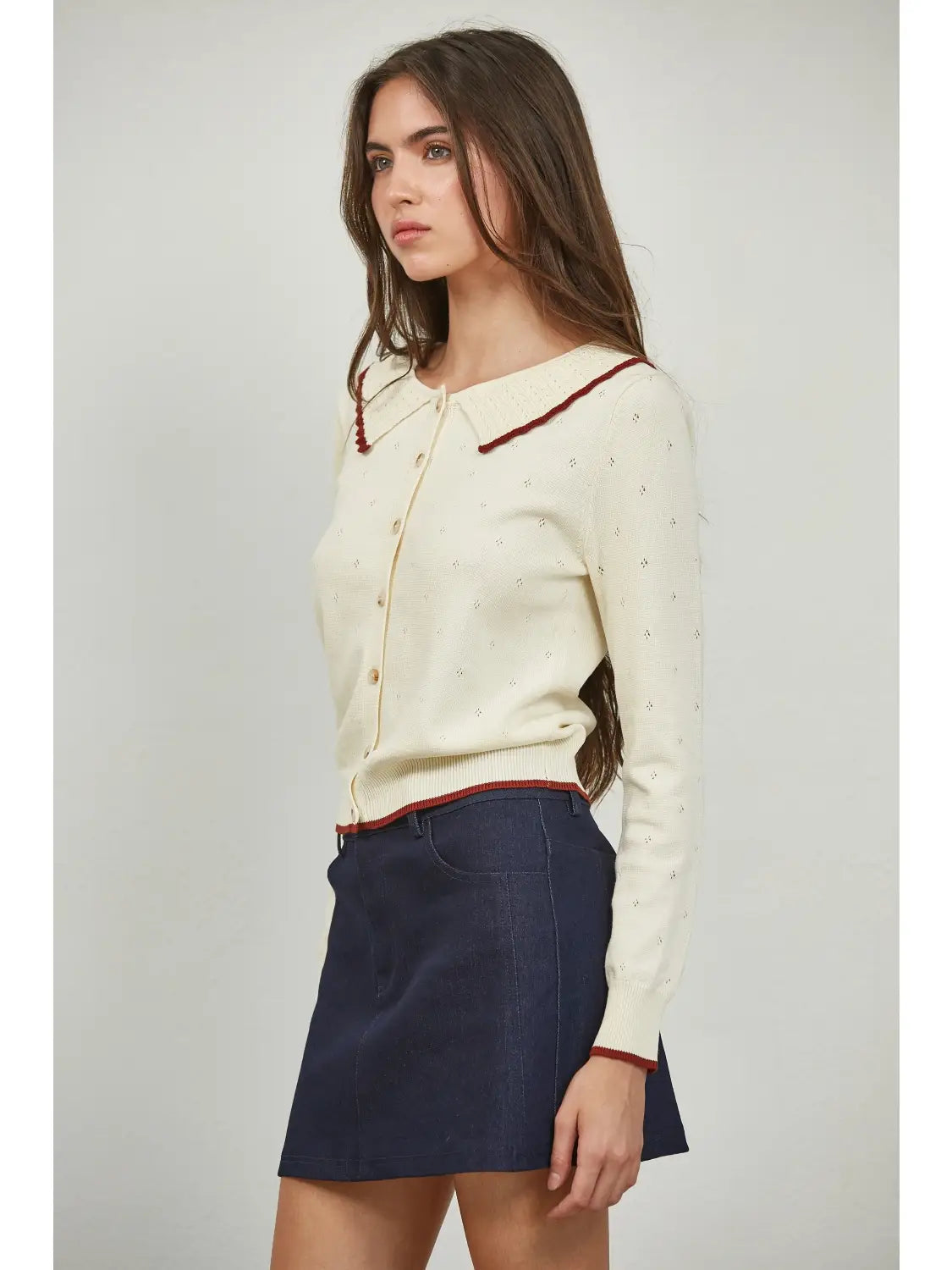 Contrast Detail Peterpan Collar Sweater Cardigan