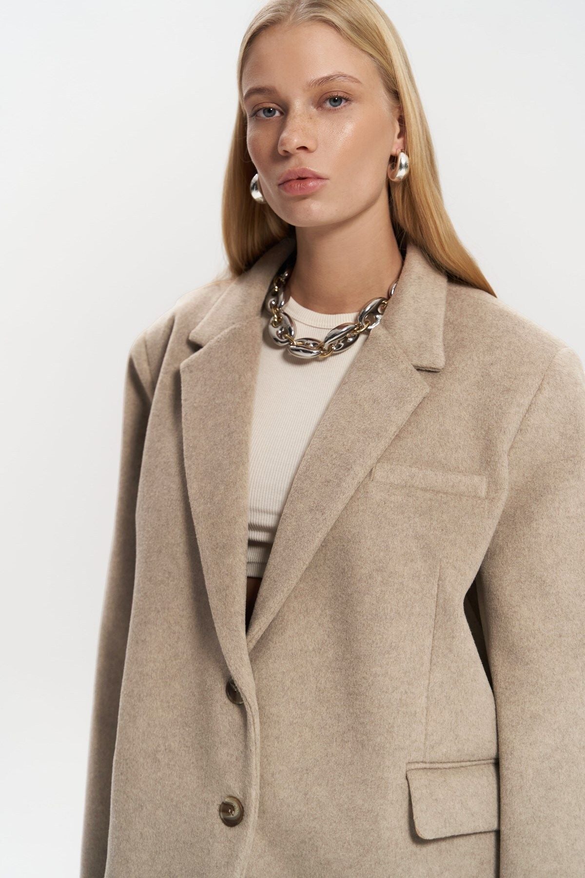 Beige Jacket - Single-Breasted Oversized Blazer