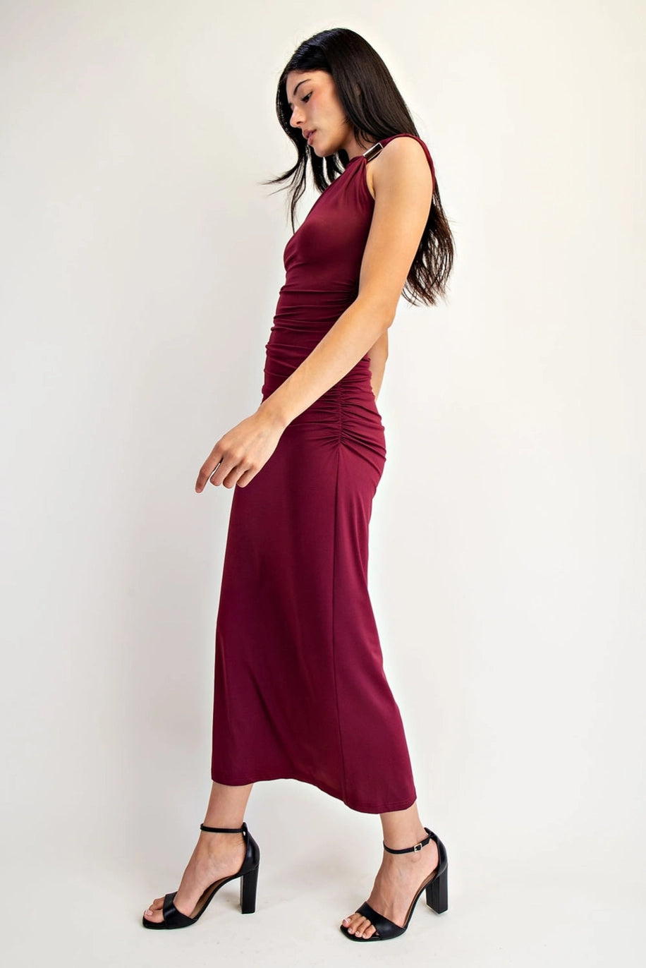 Ruched Midi Dress with Metal Ring Strap Detail