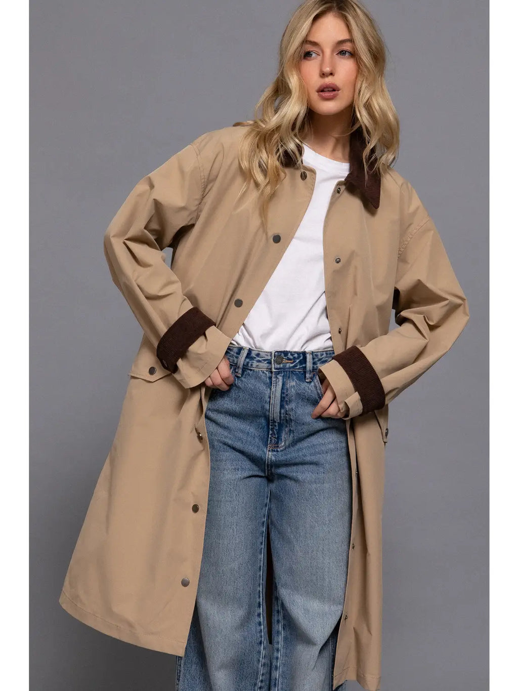Long Sleeve Contrast Collar Button Down Long Trench Coat