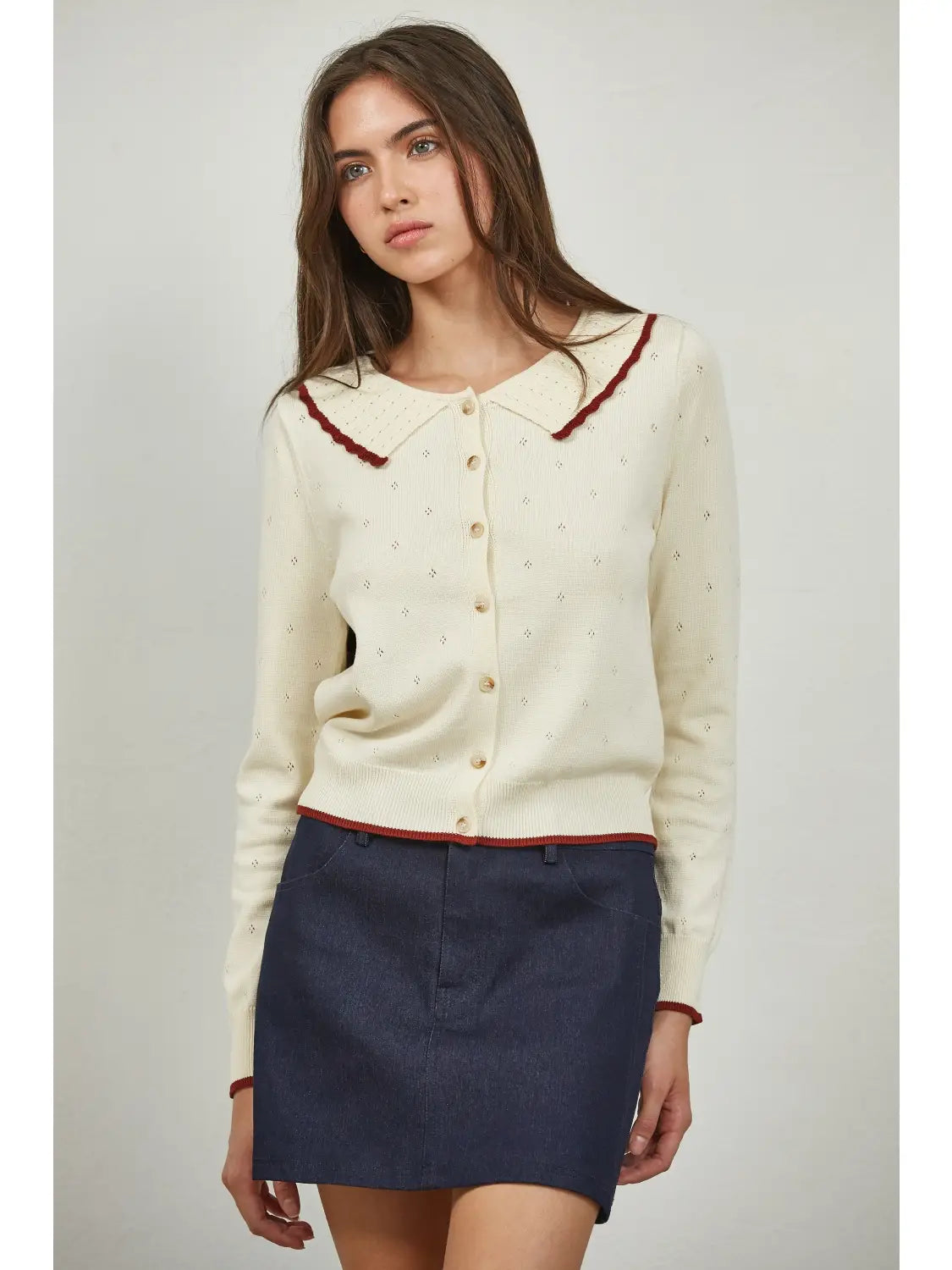 Contrast Detail Peterpan Collar Sweater Cardigan