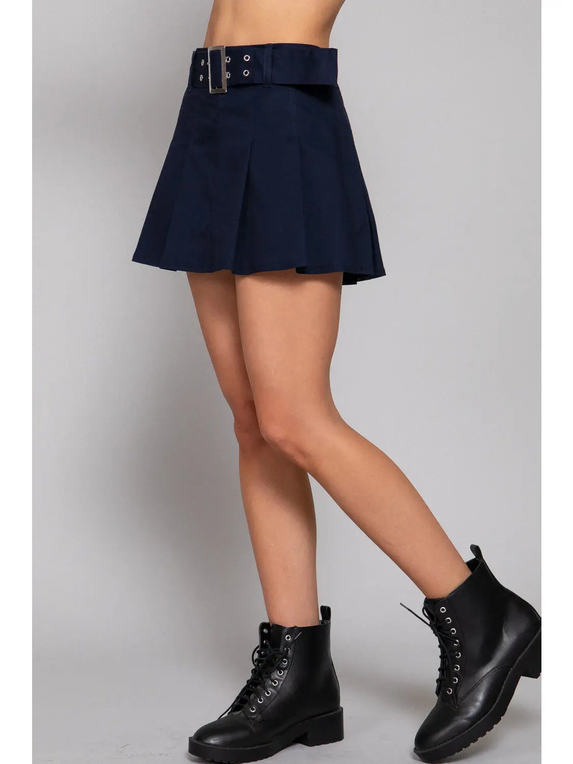 Waist Self Belt Detail Pleated Stretch Mini Skirt