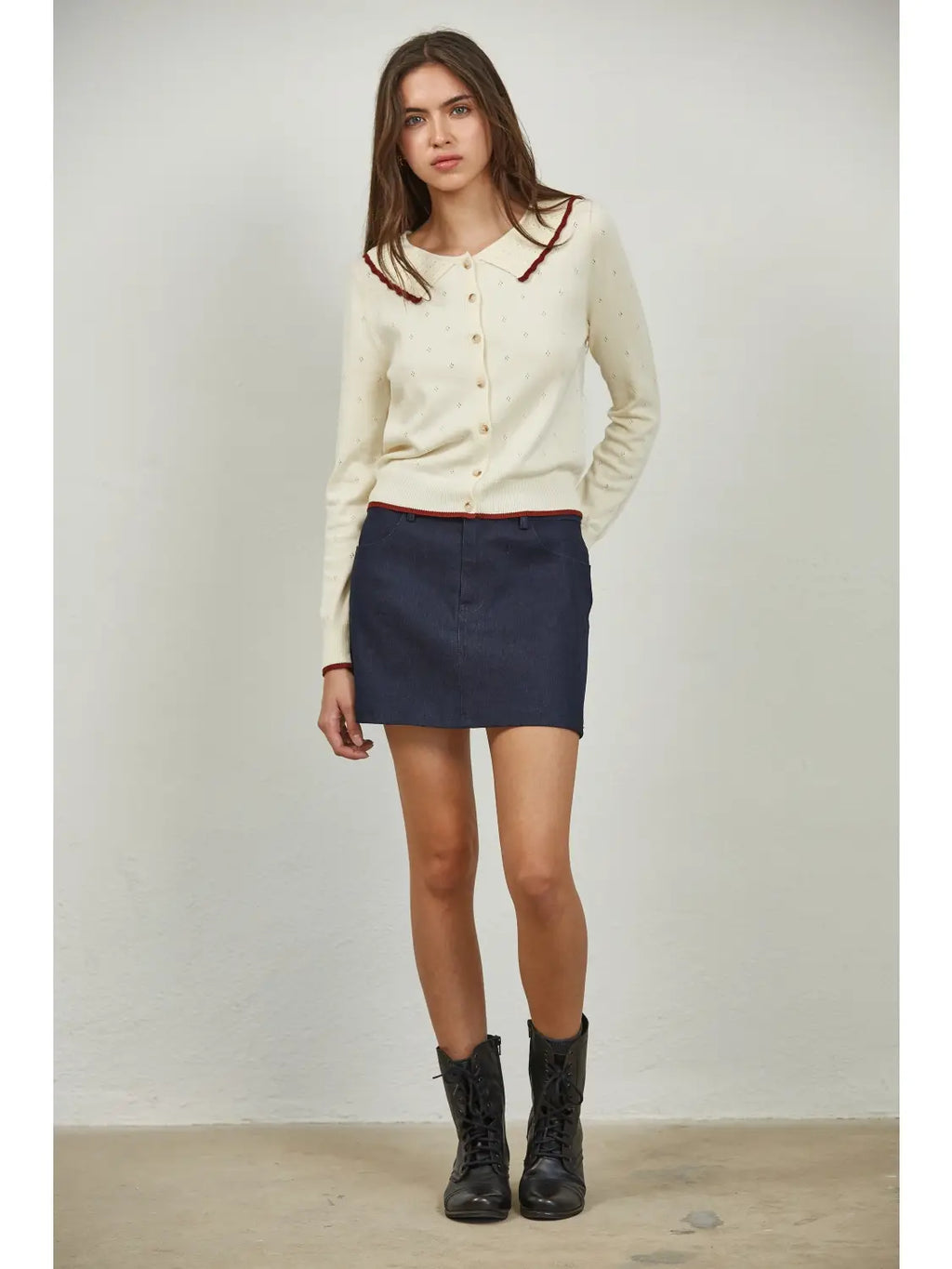 Contrast Detail Peterpan Collar Sweater Cardigan