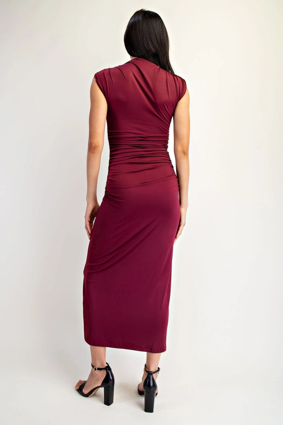 Ruched Midi Dress with Metal Ring Strap Detail