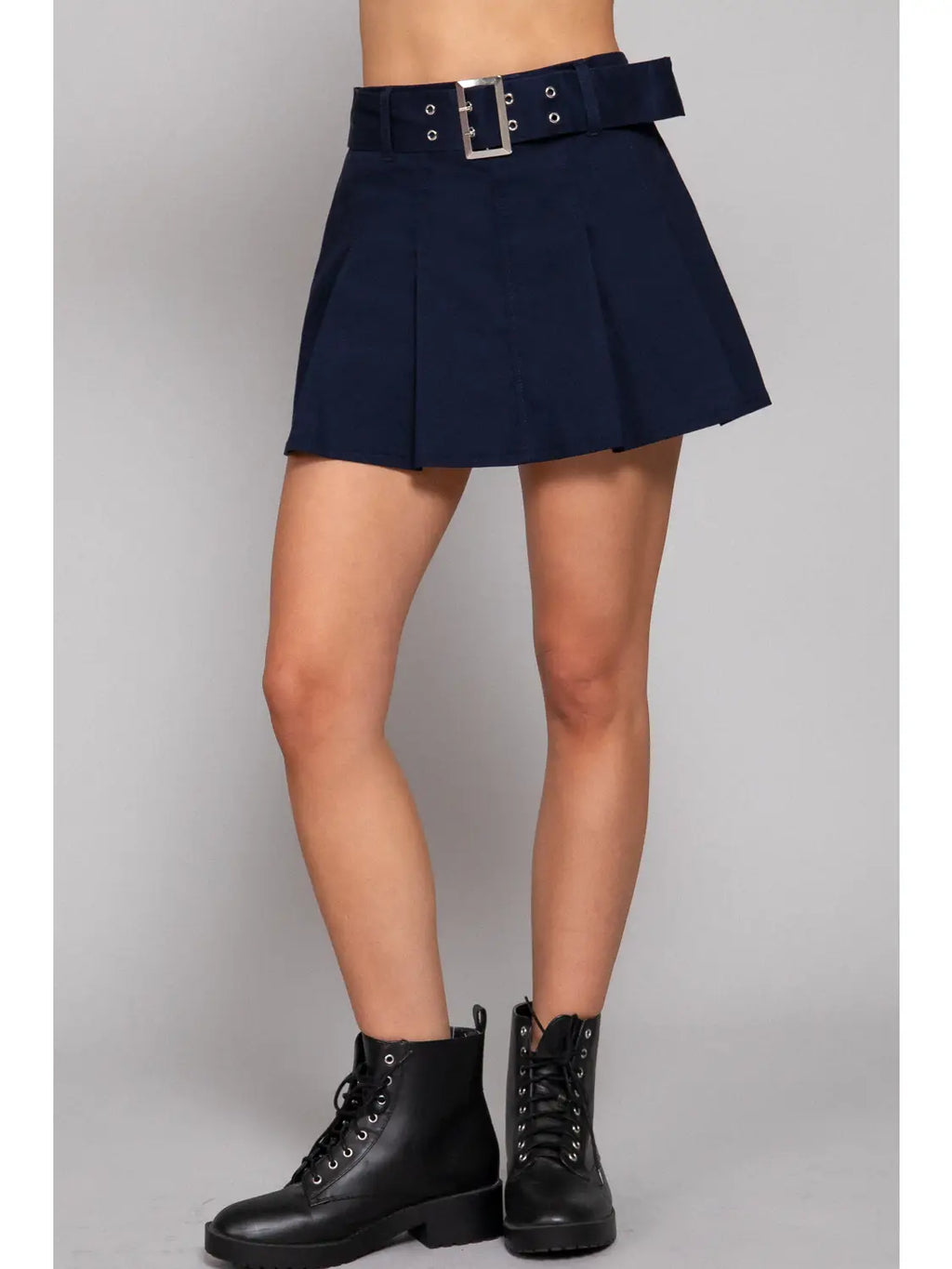 Waist Self Belt Detail Pleated Stretch Mini Skirt