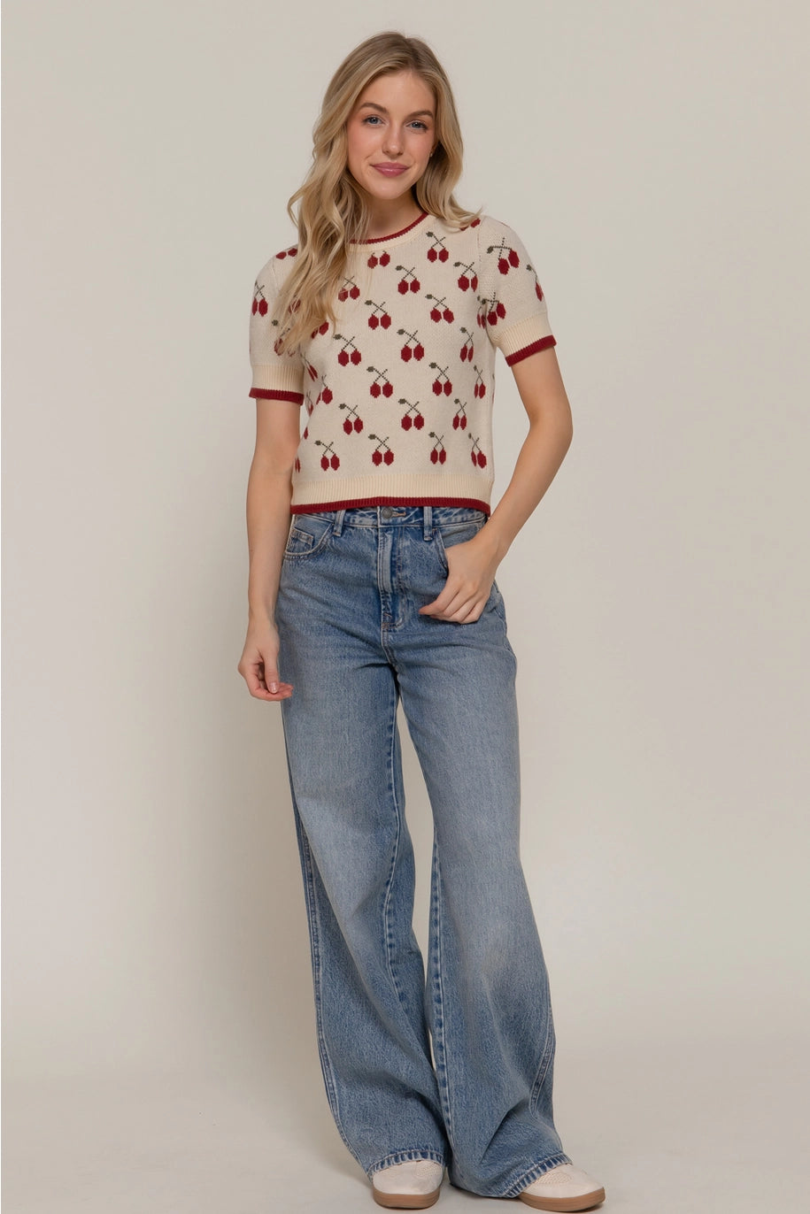 Short Sleeve Cherry Pattern Sweater