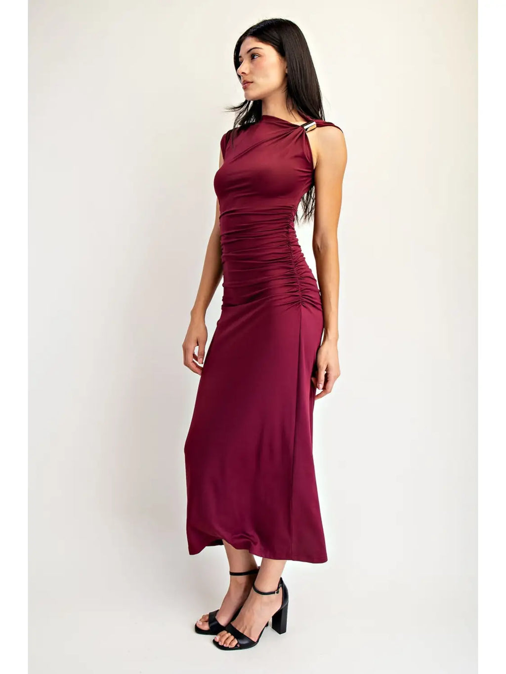Ruched Midi Dress with Metal Ring Strap Detail
