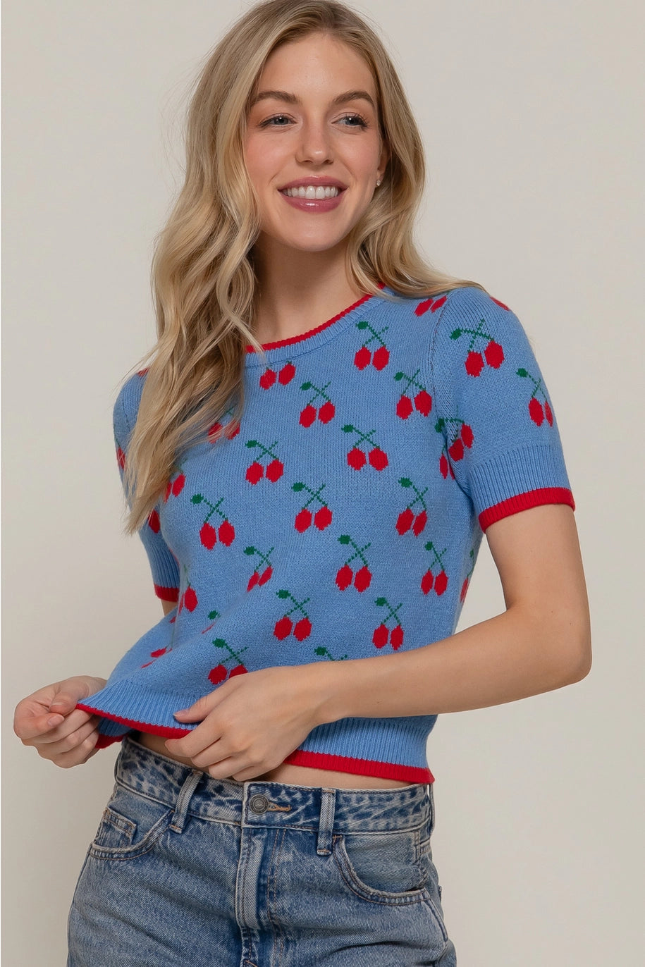 Short Sleeve Cherry Pattern Sweater