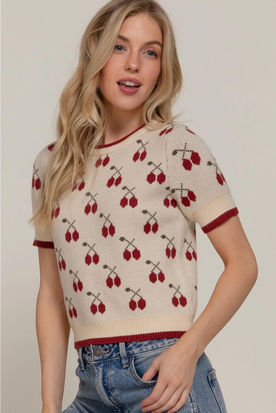 Short Sleeve Cherry Pattern Sweater