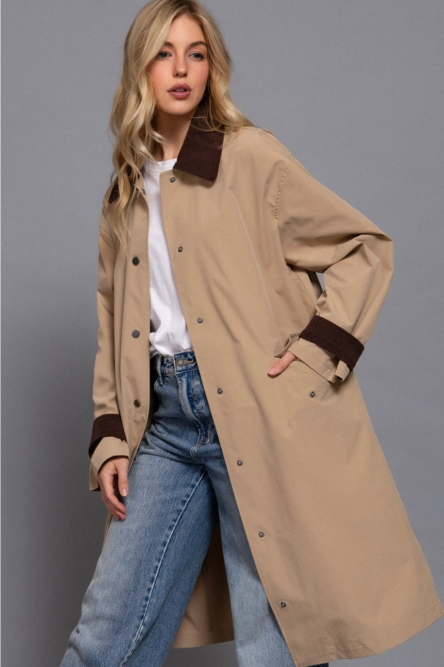 Long Sleeve Contrast Collar Button Down Long Trench Coat