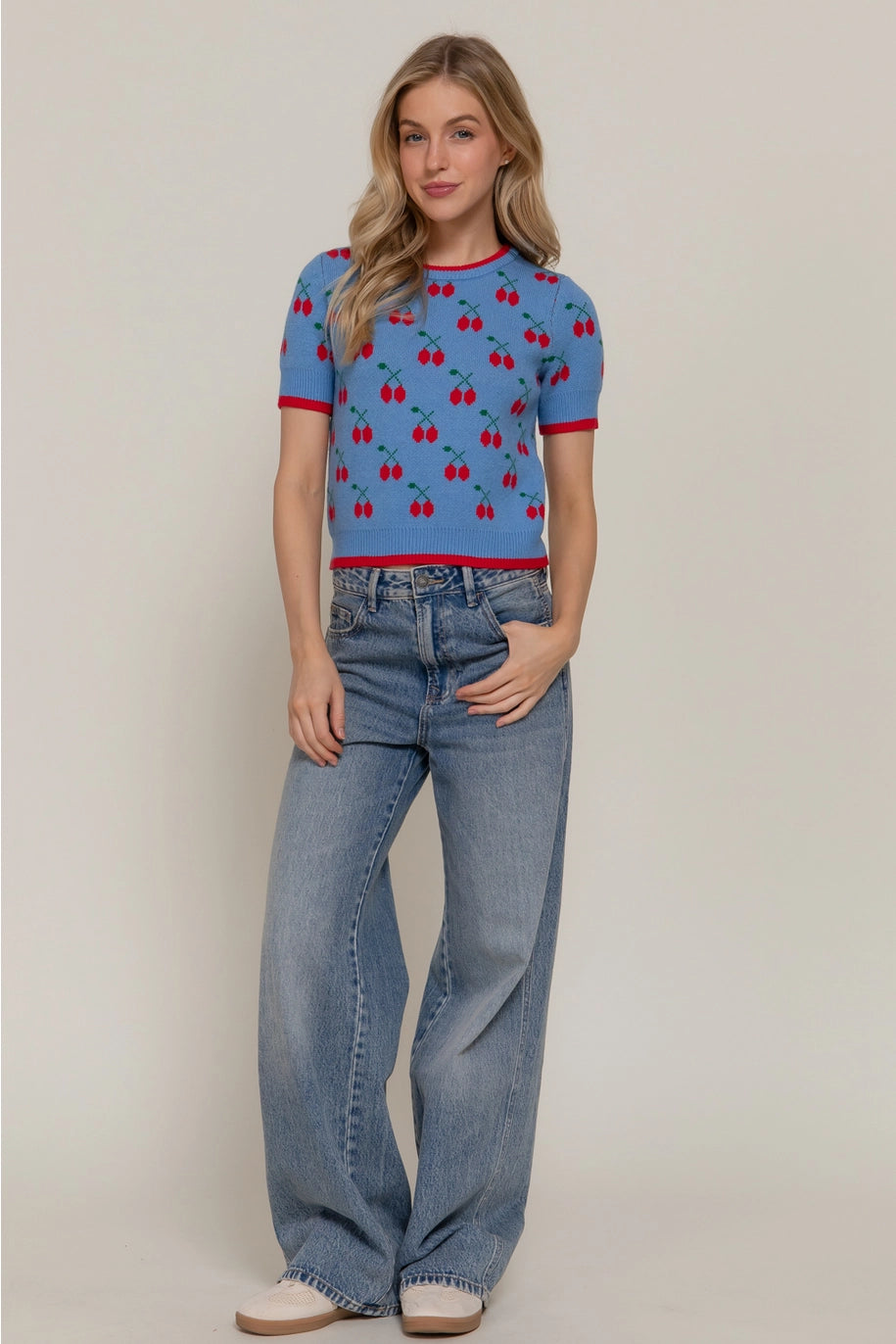 Short Sleeve Cherry Pattern Sweater