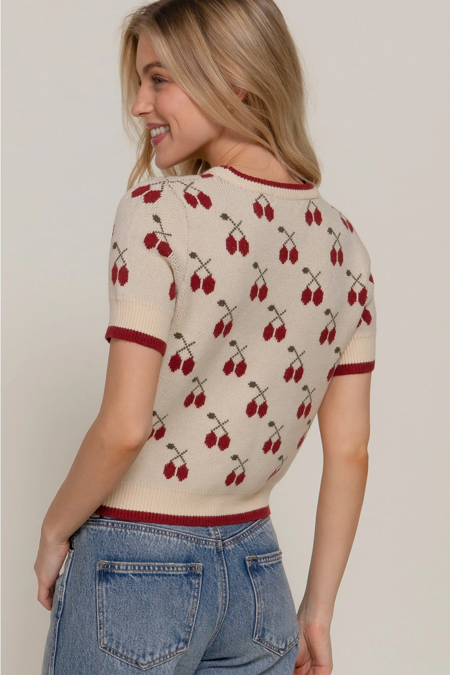 Short Sleeve Cherry Pattern Sweater
