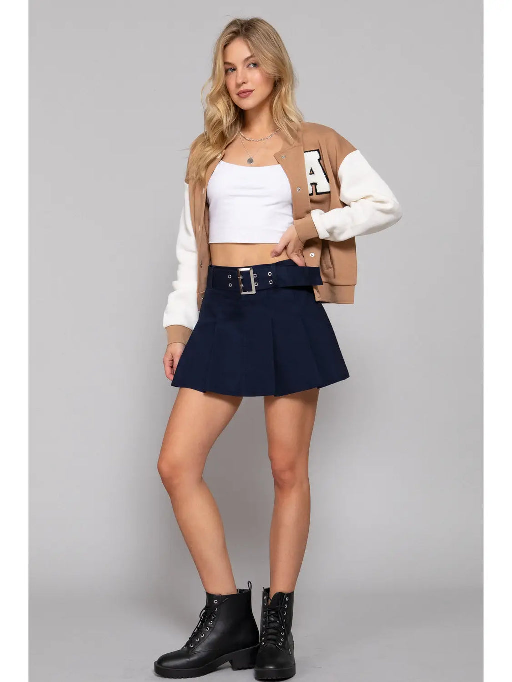Waist Self Belt Detail Pleated Stretch Mini Skirt