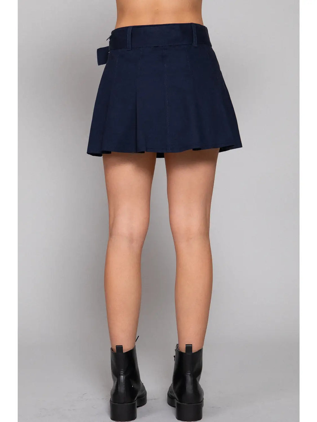 Waist Self Belt Detail Pleated Stretch Mini Skirt