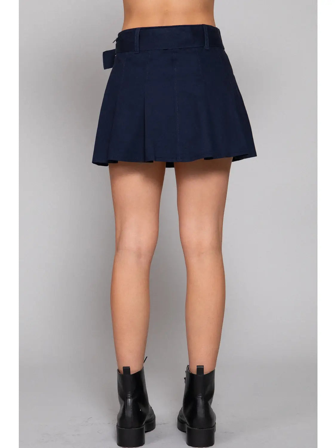 Waist Self Belt Detail Pleated Stretch Mini Skirt