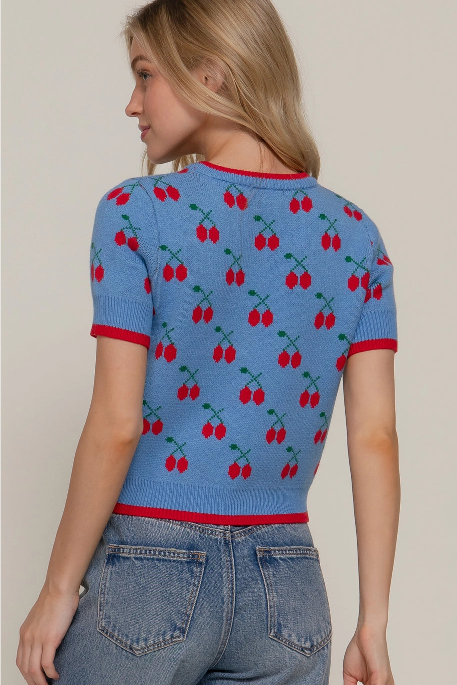 Short Sleeve Cherry Pattern Sweater