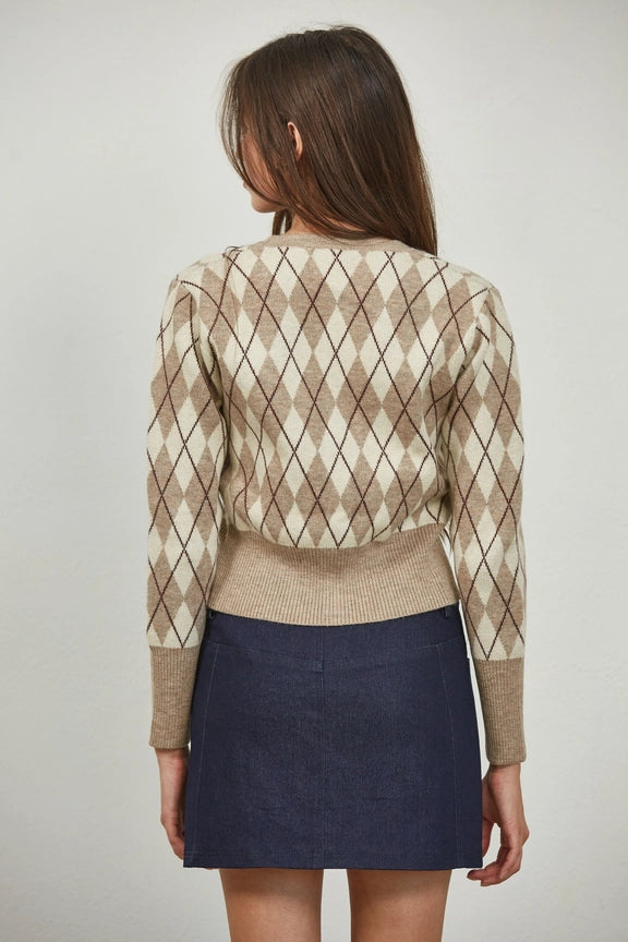 Argyle Pattern Sweater V-Neck Cardigan