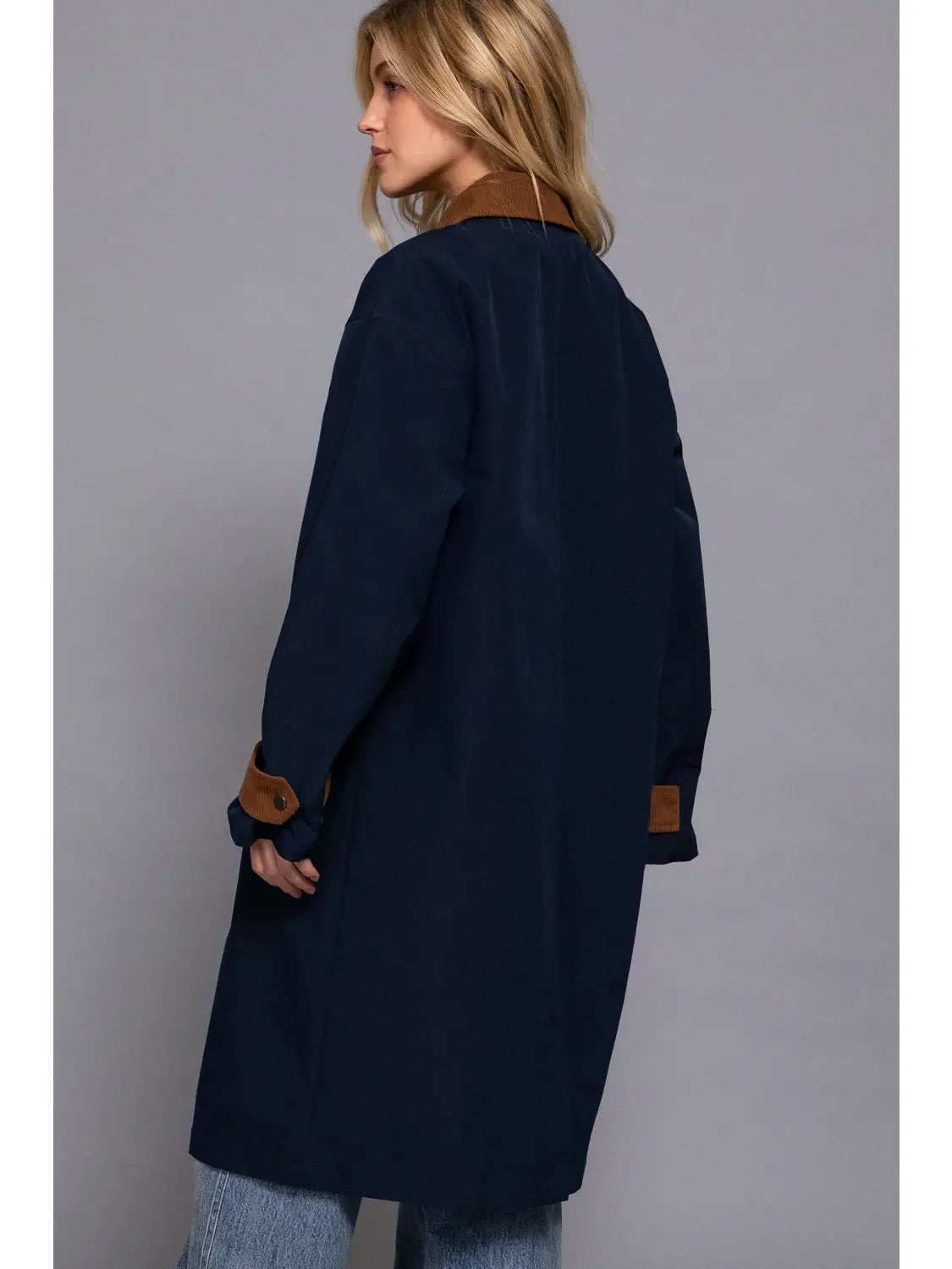 Long Sleeve Contrast Collar Button Down Long Trench Coat