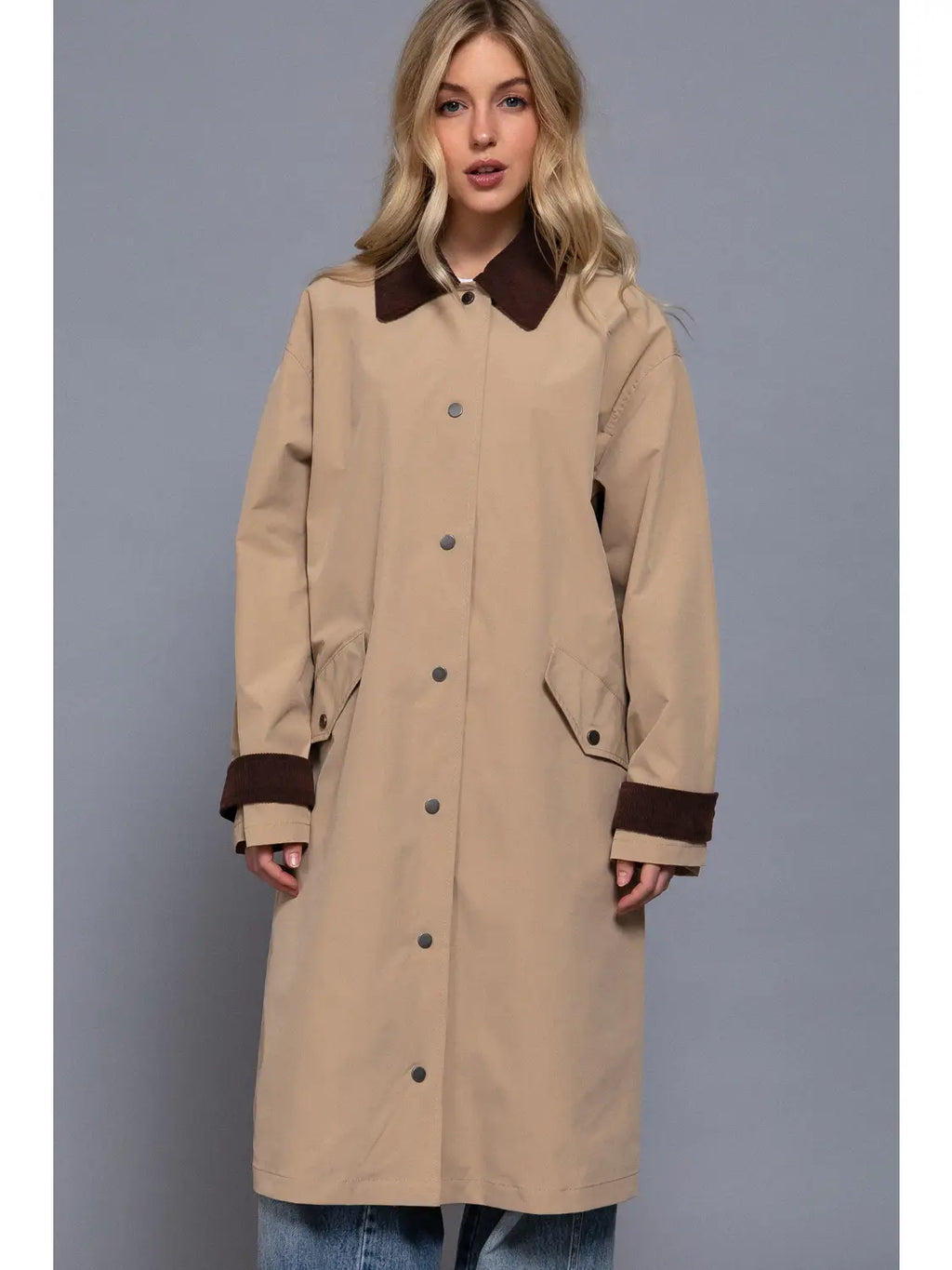 Long Sleeve Contrast Collar Button Down Long Trench Coat
