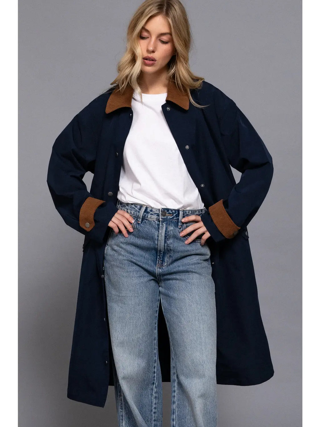 Long Sleeve Contrast Collar Button Down Long Trench Coat
