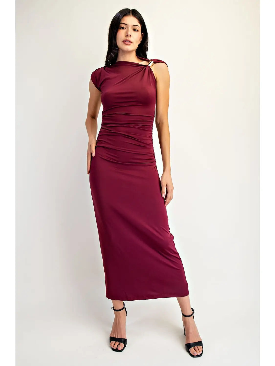 Ruched Midi Dress with Metal Ring Strap Detail