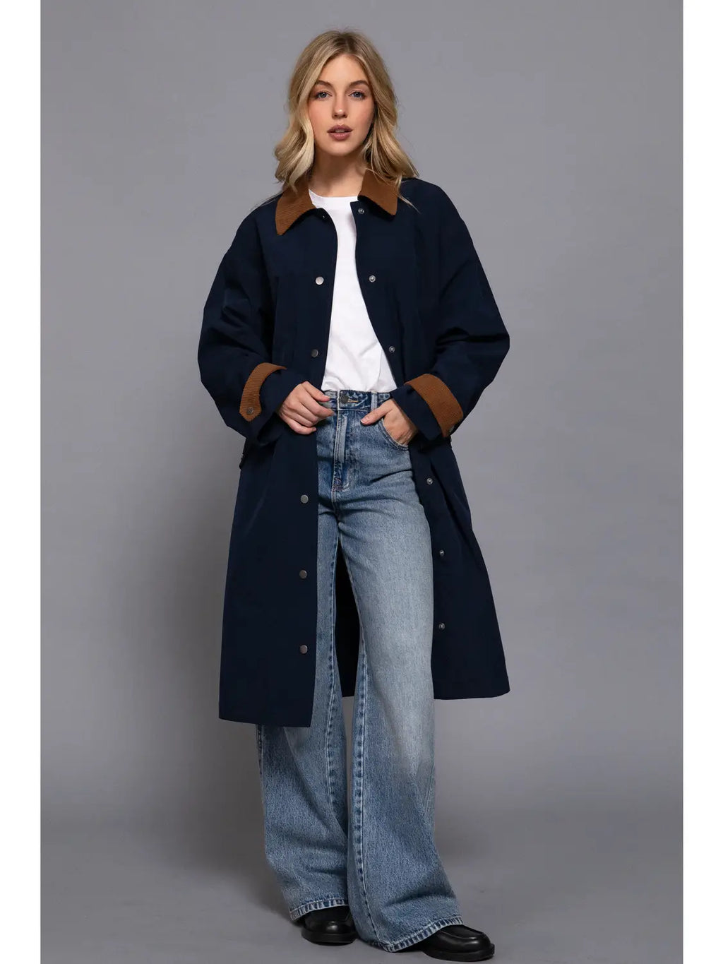 Long Sleeve Contrast Collar Button Down Long Trench Coat